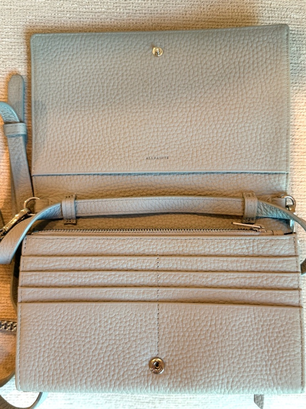 AllSaints Sage Green Pebbled Leather “Fetch” Crossbody Bag with Chain Strap - Picture 6 of 12